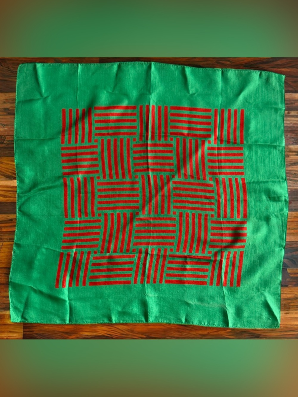 Vintage Green Scarf with Red Geometric Stripe Pattern